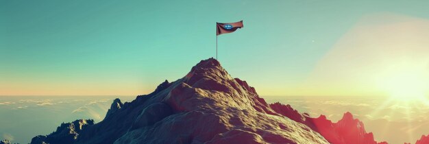 Photo a flag proudly mounted at the summit of a mountain symbolizing achievement of business goals