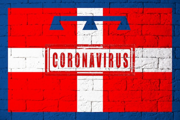 Flag of the regions of Italy Piedmont with original proportions. stamped of Coronavirus. brick wall texture. Corona virus concept. On the verge of a COVID-19 or 2019-nCoV Pandemic.