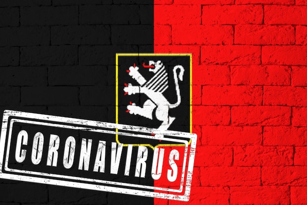 Flag of the regions of Italy Valle d'Aosta with original proportions. stamped of Coronavirus. brick wall texture. Corona virus concept. On the verge of a COVID-19 or 2019-nCoV Pandemic.