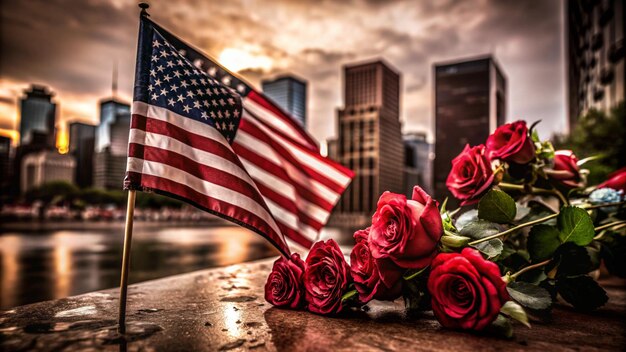 a flag and roses are placed on a concrete slab with the city in the background