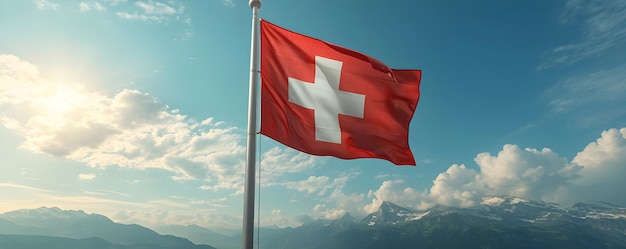 Flag of Switzerland with mountains on background Swiss National Day Travel vacation and tourism