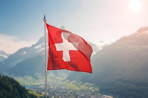 Flag of Switzerland with mountains on background Swiss National Day Travel vacation and tourism