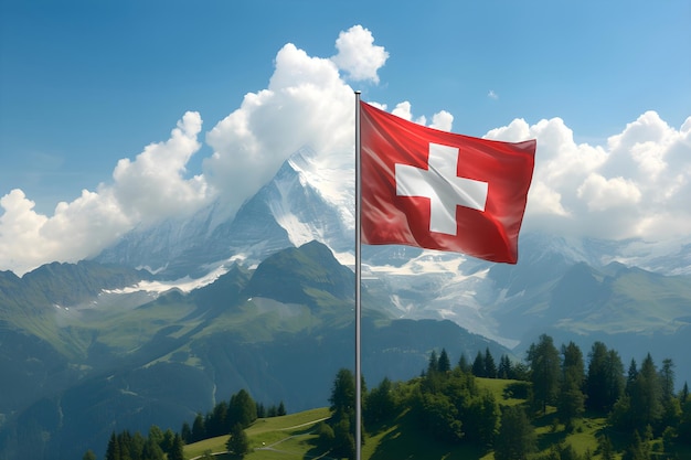 Flag of Switzerland with mountains on background Swiss National Day Travel vacation and tourism