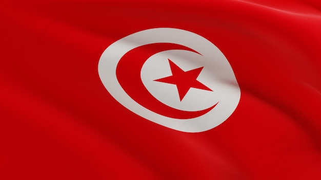 Flag of Tunisia waving in the wind, fabric micro texture in quality 3D render