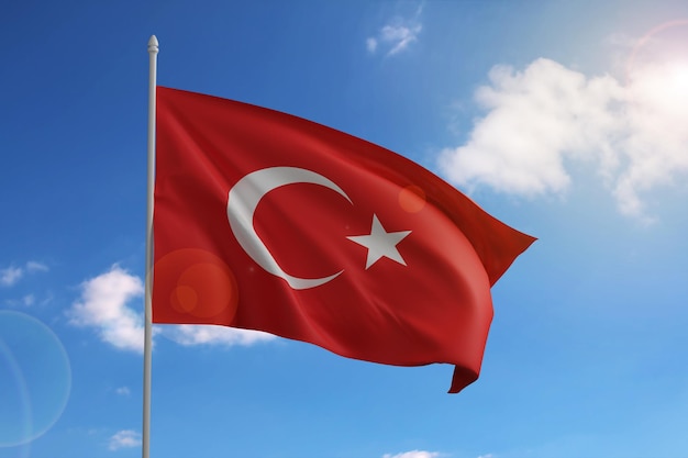 Flag of Turkey on blue sky 3d illustration