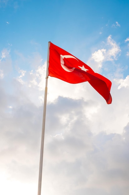 The flag of Turkey is developing in the blue sky