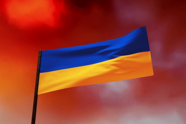 Flag of Ukraine over bloody sky