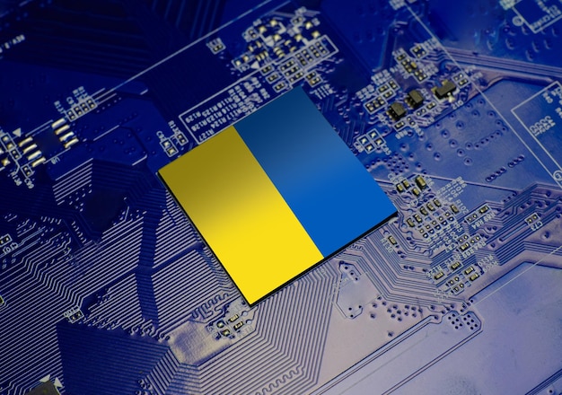 Flag of ukraine on CPU operating chipset computer electronic circuit board