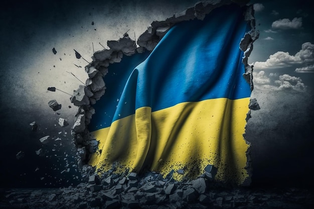 The flag of ukraine is seen through hole in the wall Generative AI