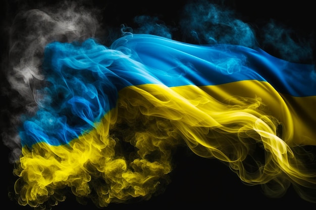 The flag of ukraine with smoke on black background Generative AI