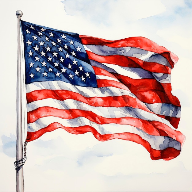 Flag of the United States of America Watercolor image of an American flag in the wind 4th of July