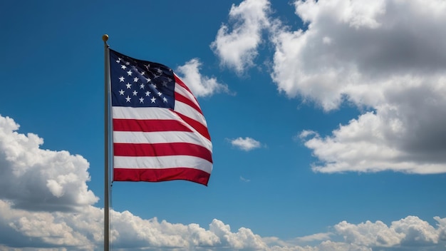 A flag waves in the wind set against a clear blue sky with scattered clouds