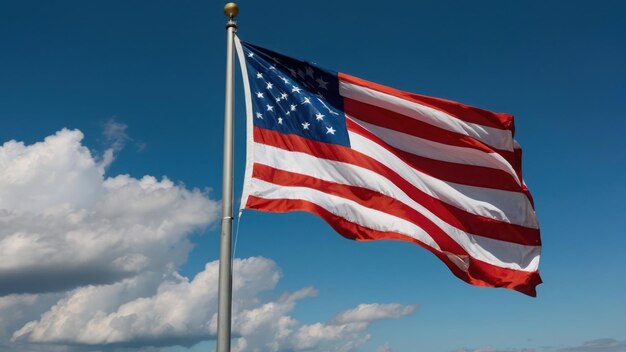 A flag waves in the wind set against a clear blue sky with scattered clouds