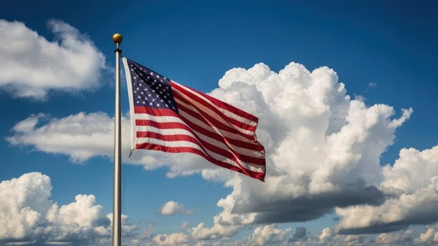 A flag waves in the wind set against a clear blue sky with scattered clouds