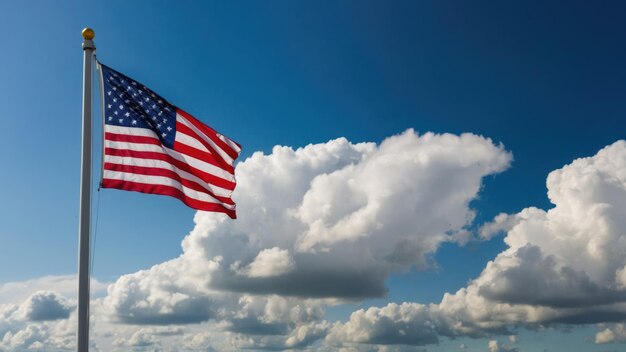 A flag waves in the wind set against a clear blue sky with scattered clouds