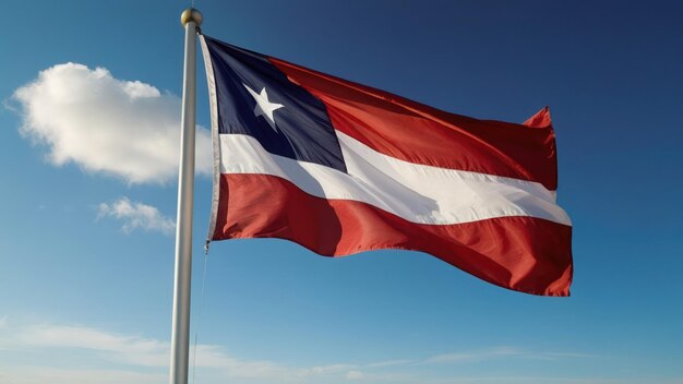 A flag waves in the wind set against a clear blue sky with scattered clouds