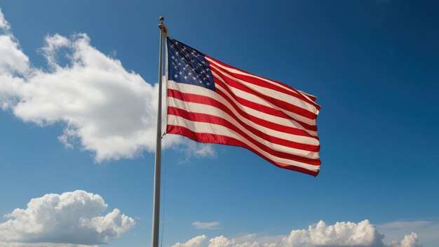 A flag waves in the wind set against a clear blue sky with scattered clouds