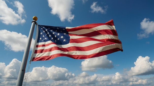 A flag waves in the wind set against a clear blue sky with scattered clouds