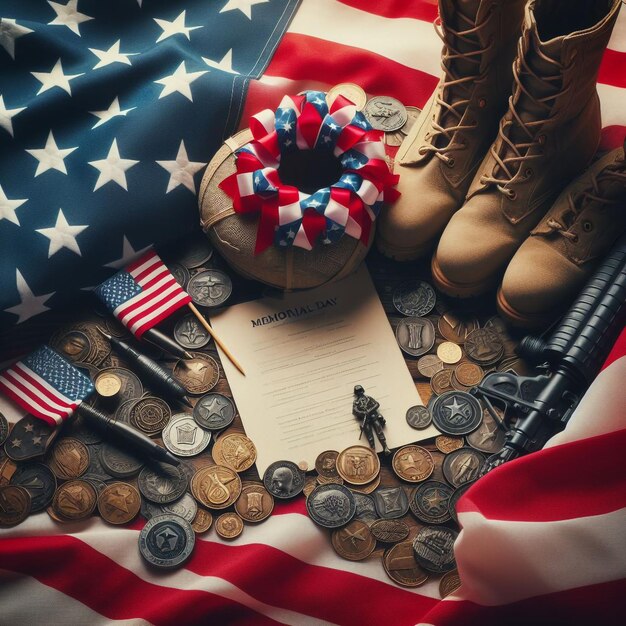 Photo a flag with a bunch of american flags and a flag with a flag and some coins