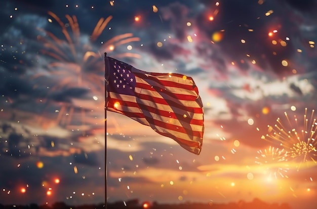 a flag with fireworks in the background and a flag that says  fireworks