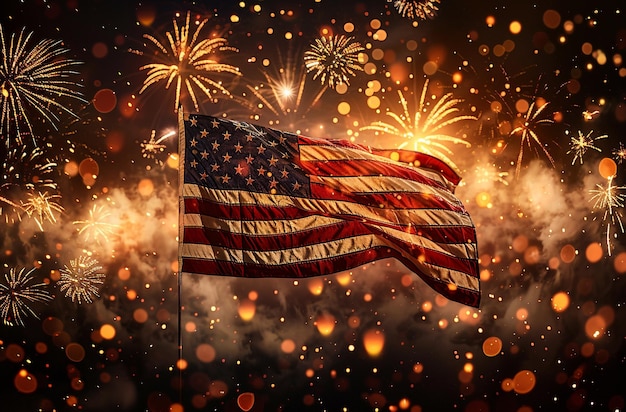 a flag with fireworks in the background and a flag that says quot u s quot