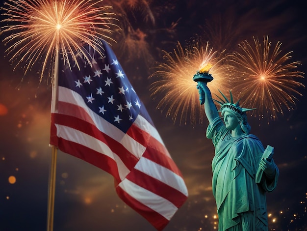 a flag with fireworks in the background and the statue of liberty