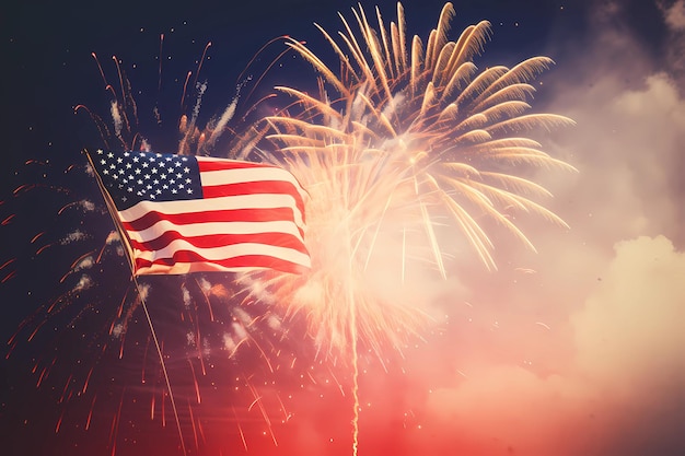 A flag with fireworks in the background