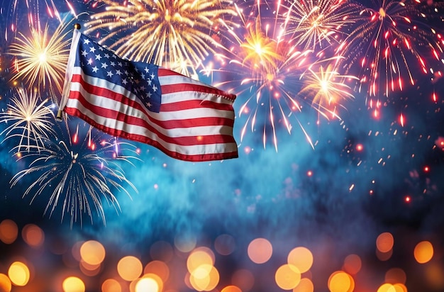 a flag with a flag and fireworks in the background