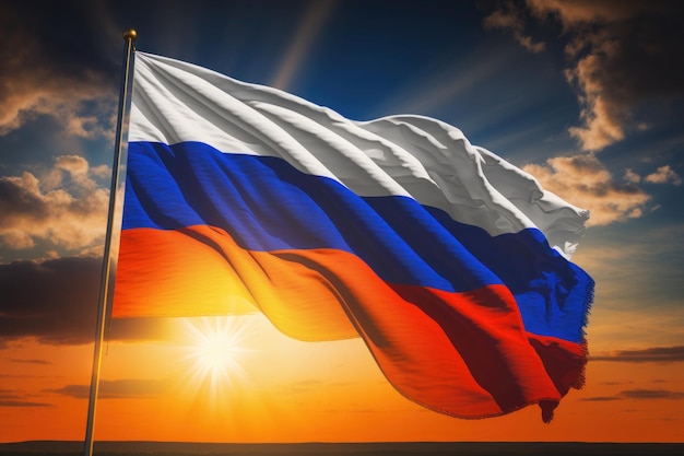 A flag with the flag of russia at sunset