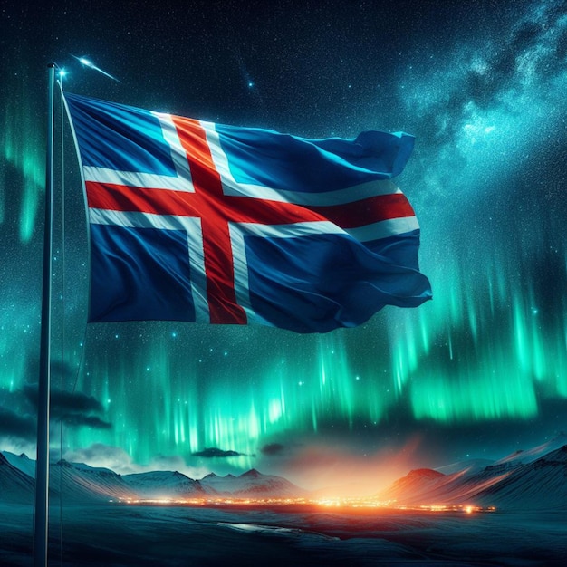 a flag with the northern lights in the background and a mountain in the background