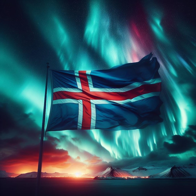 a flag with the northern lights on it