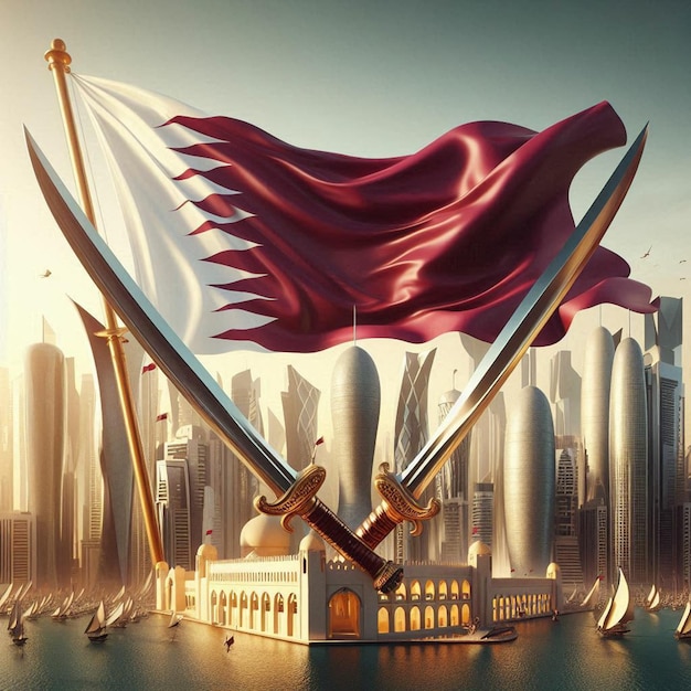 a flag with a white flag and a red and white flag with a building in the background