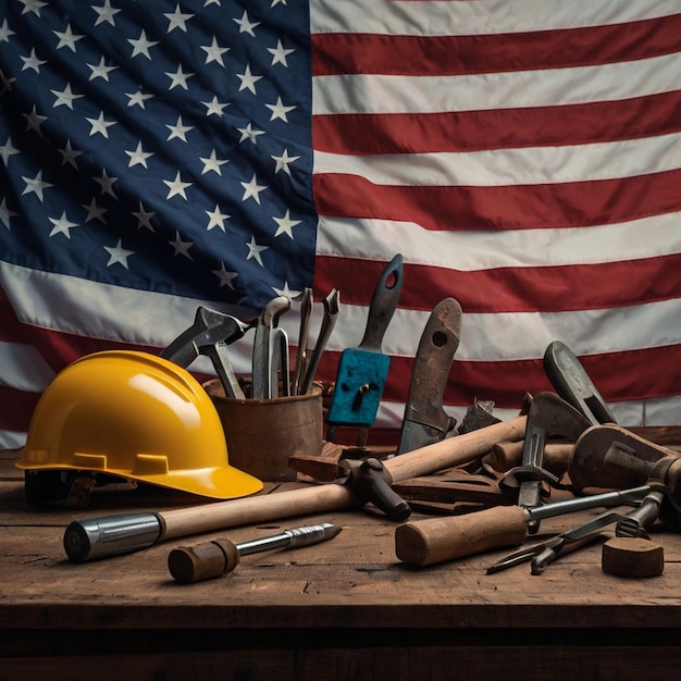 a flag with a yellow hard hat and a hard hat on it