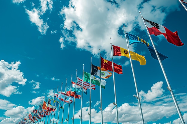 Flags of all nations of the world are flying