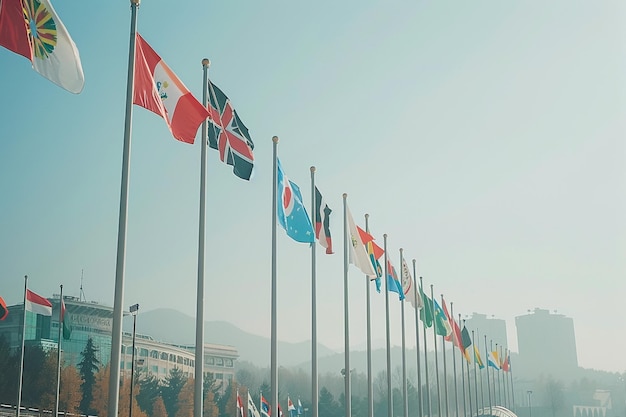 Flags of all nations of the world are flying