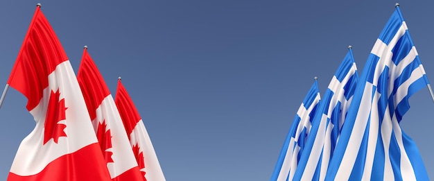 Flags of Canada and Greece on flagpoles on sides on a blue background Place for text Six flags Ottawa maple Athens 3d illustration