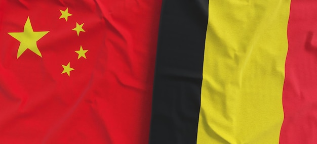 Flags of China and Belgium Linen flag closeup Flag made of canvas Chinese flag Beijing Belgian State national symbols 3d illustration