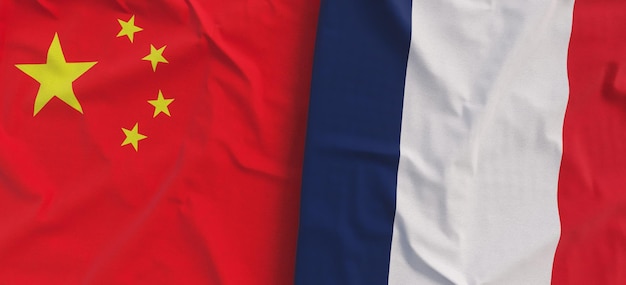 Flags of China and France Linen flag closeup Flag made of canvas Chinese flag Beijing French State national symbols 3d illustration