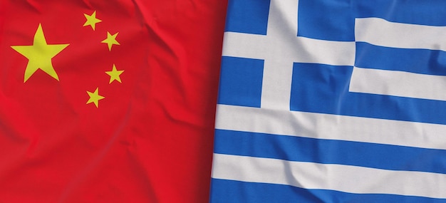 Flags of China and Greece Linen flag closeup Flag made of canvas Chinese flag Beijing Greek State national symbols 3d illustration