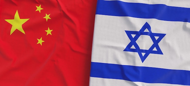 Flags of China and Israel Linen flag closeup Flag made of canvas Chinese flag Beijing Jerusalem State national symbols 3d illustration