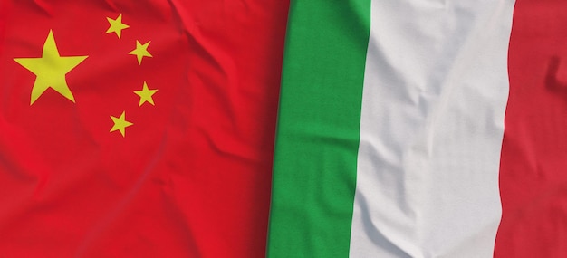 Flags of China and Italy Linen flag closeup Flag made of canvas Chinese flag Beijing Italian State national symbols 3d illustration