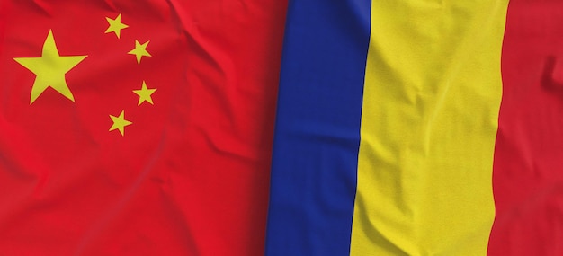 Flags of China and Romania Linen flag closeup Flag made of canvas Chinese flag Beijing Romanian State national symbols 3d illustration