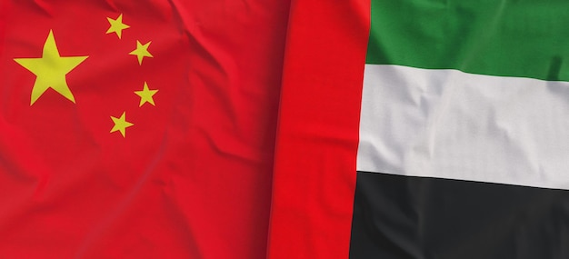 Flags of China and UAE Linen flag closeup Flag made of canvas Chinese flag Beijing United Arab Emirates State national symbols 3d illustration