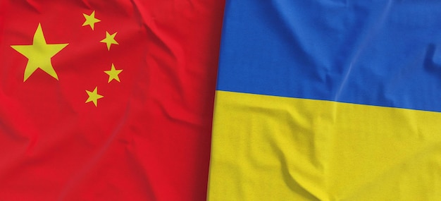 Flags of China and Ukraine Linen flag closeup Flag made of canvas Chinese flag Beijing Ukrainian State national symbols 3d illustration