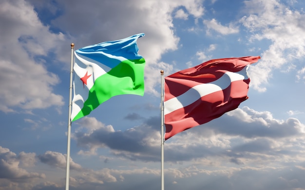 Flags of Djibouti and Latvia. 3D artwork