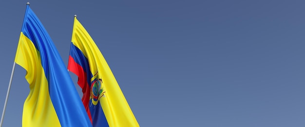 Flags of Ecuador and Ukraine on flagpoles on the side Flags on a blue background Place for text Independent independent Ukraine Ecuadorian flag Quito Commonwealth 3D illustration