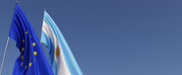 Flags of the European Union and Argentina on flagpoles on sides Flags on a blue background Place for text EU Argentine 3d illustration