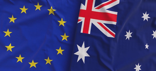 Flags of European Union and Australia Linen flags closeup Flag made of canvas EU Australian Canberra National symbols 3d illustration