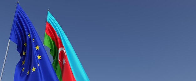 Flags of the European Union and Azerbaijan on flagpoles on sides Flags on a blue background Place for text EU Baku 3d illustration