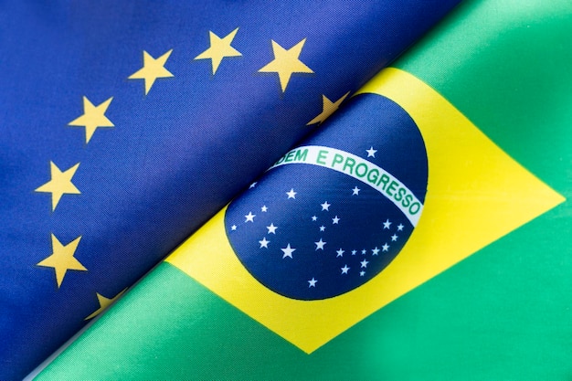 Flags European Union and brazil concept of international relations between countries The state of governments